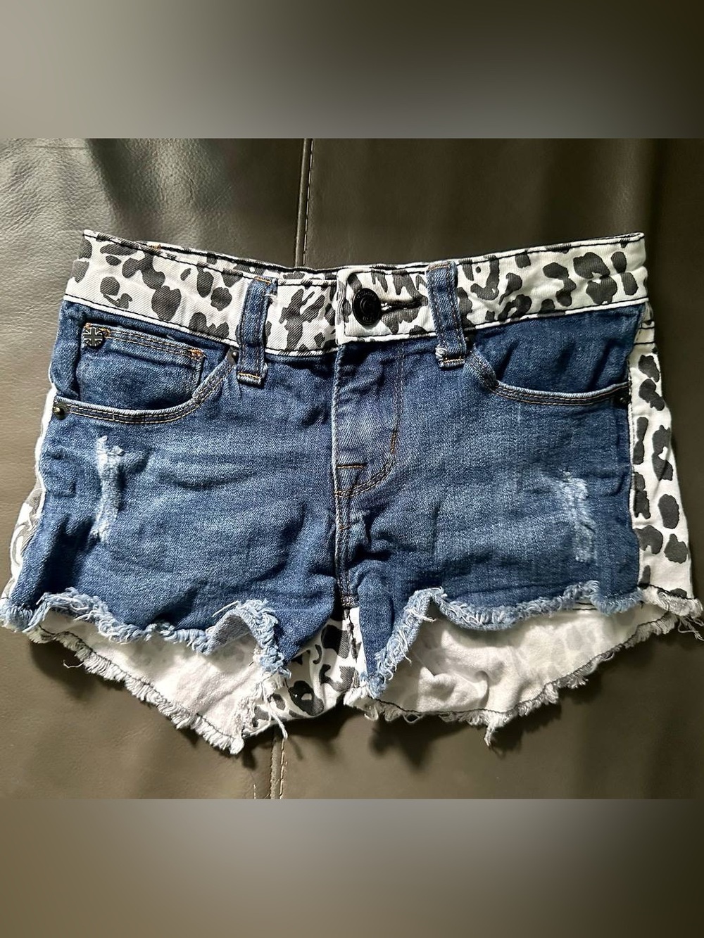 Hudson Denim Blue Kids Distressed Shorts with Leopard Trim (Size:7)